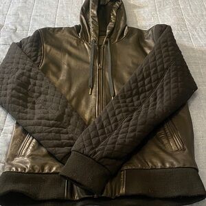 Zanerobe Black Leather Hoodie with Quilted Sleeves